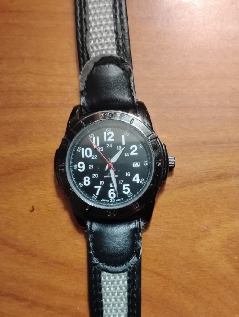Source Unknown Black Dial Watch with Black and Gray Strap and Red Second Hand